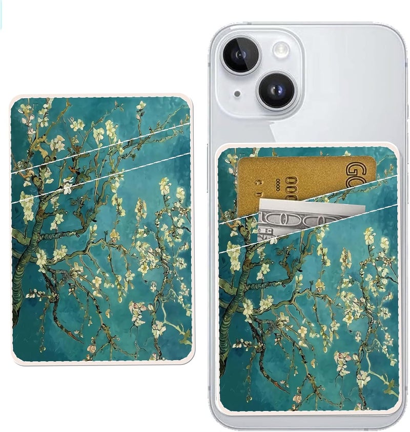 AOHRO Dual Pocket Leather Phone Wallet Adhesive Stick On, Cute Card Holder, Credit Card Holder for Case, Green Boho Tree - Image 1